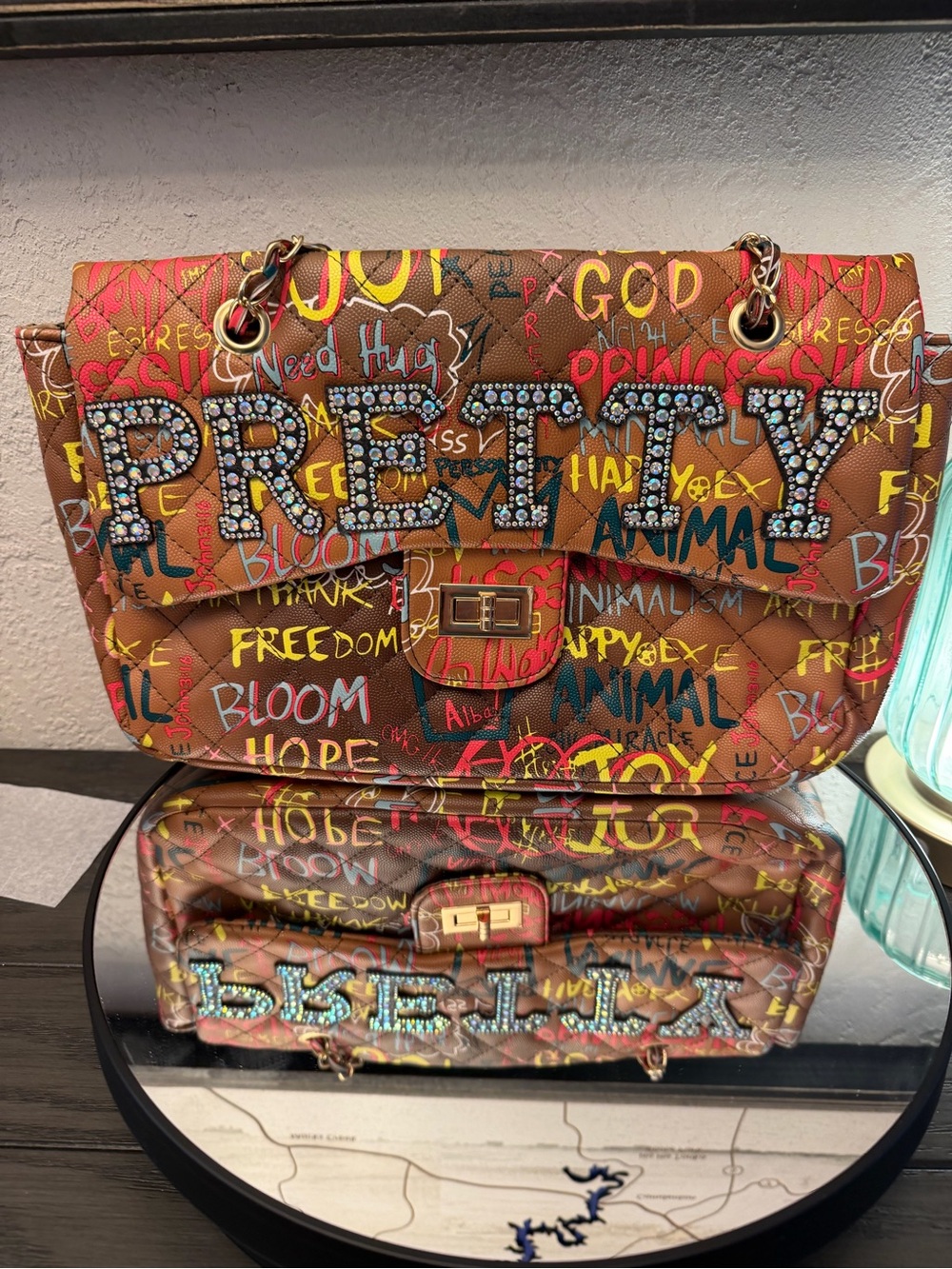 New Brown Graffiti Jeweled 'PRETTY' Chain Shoulder Bag